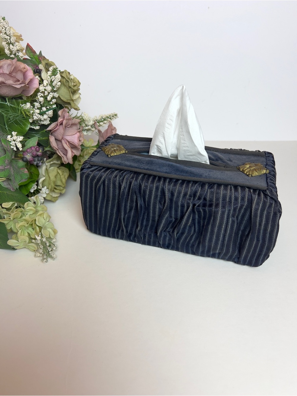 Vintage Styled Striped Fabric Tissue Box Cover with small medallion details